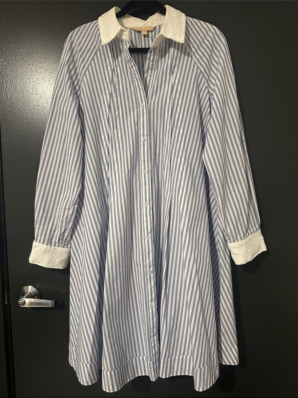 Blue and White Striped Long-Sleeve Shirt Dress with Eyelet Trim